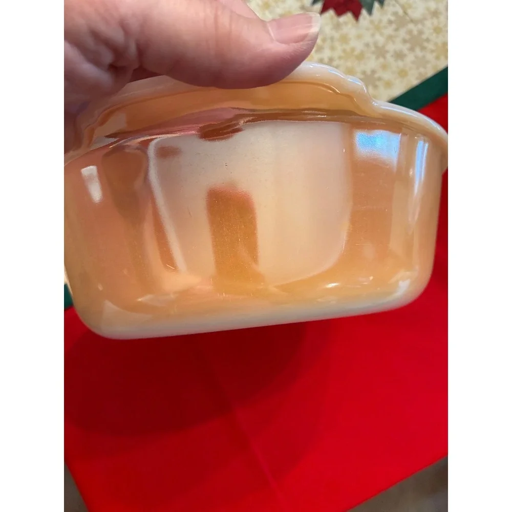 Vintage Fire-King Peach Luster 2Quart Round Casserole Dish Milk Glass Tab Handle